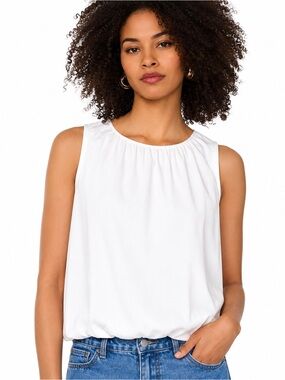 1.STATE Cotton Bubble Hem Top Sleeveless Gathered Neck Blouse White L NWT